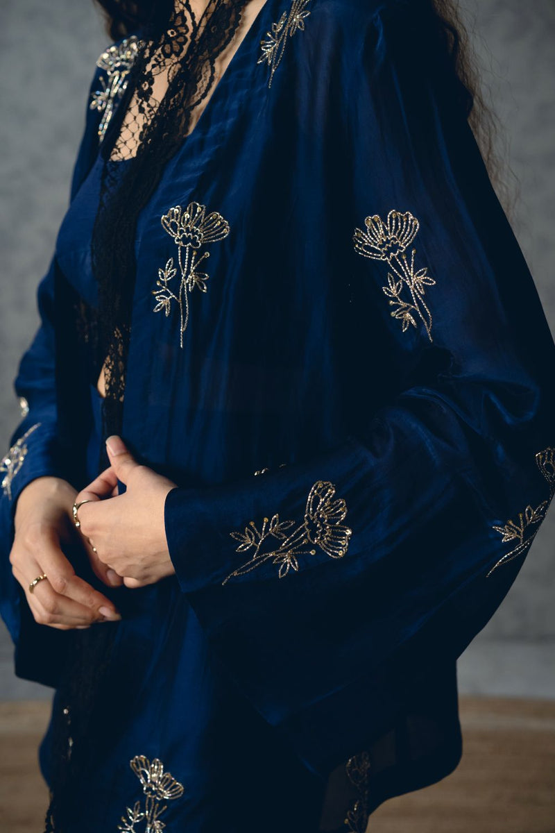 MUJO JACKET SET silk organza co-ord set by Paulmi & Harsh in navy blue for women Singapore