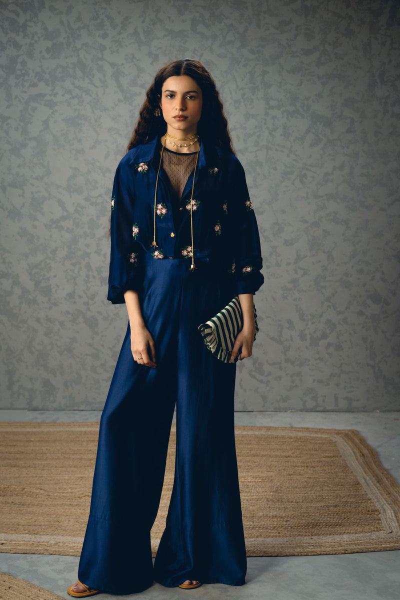 TAKSU SHIRT SET organza by Paulmi & Harsh in blue color for women in Singapore