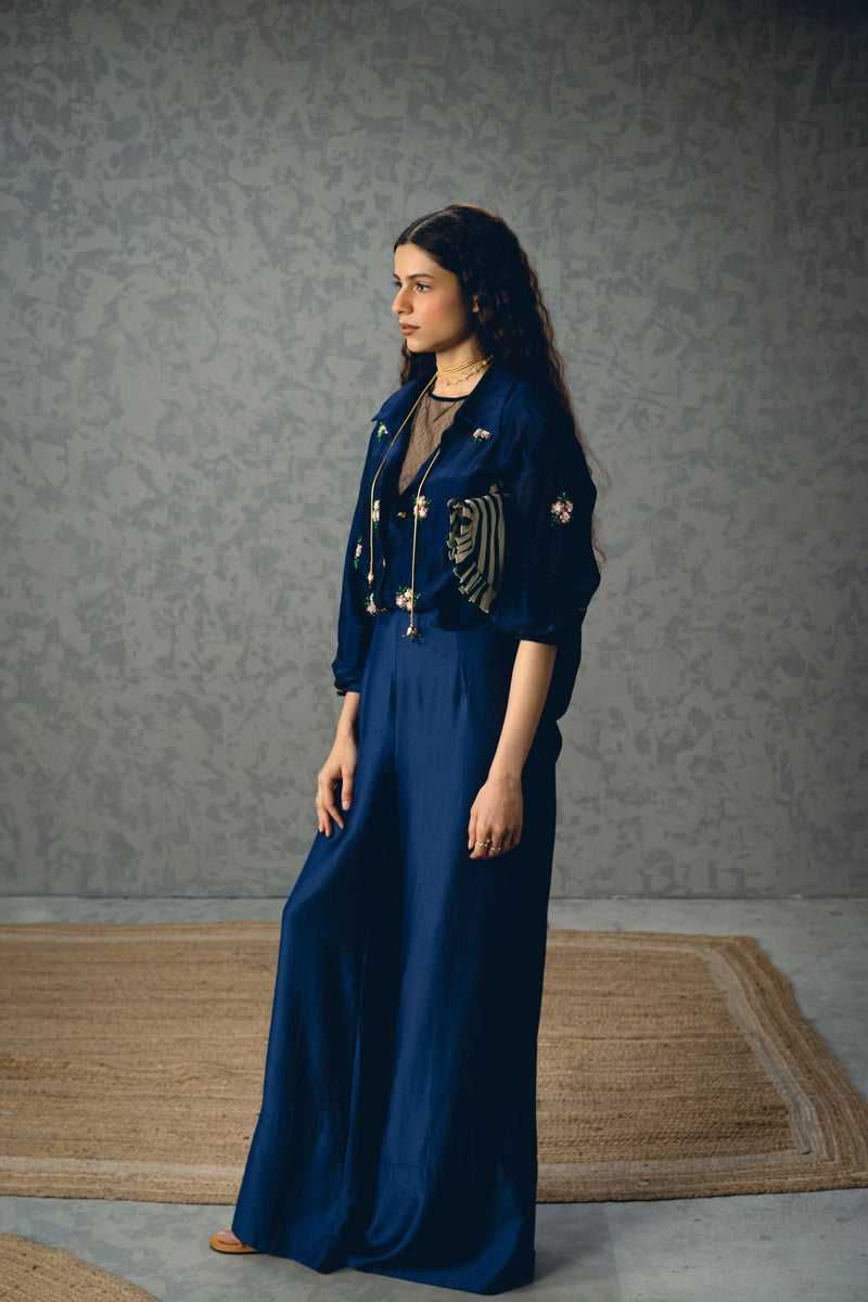 TAKSU SHIRT SET organza by Paulmi & Harsh in blue color for women in Singapore