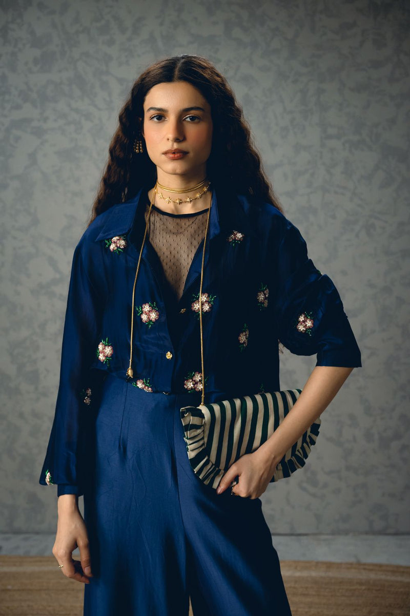 TAKSU SHIRT SET organza by Paulmi & Harsh in blue color for women in Singapore