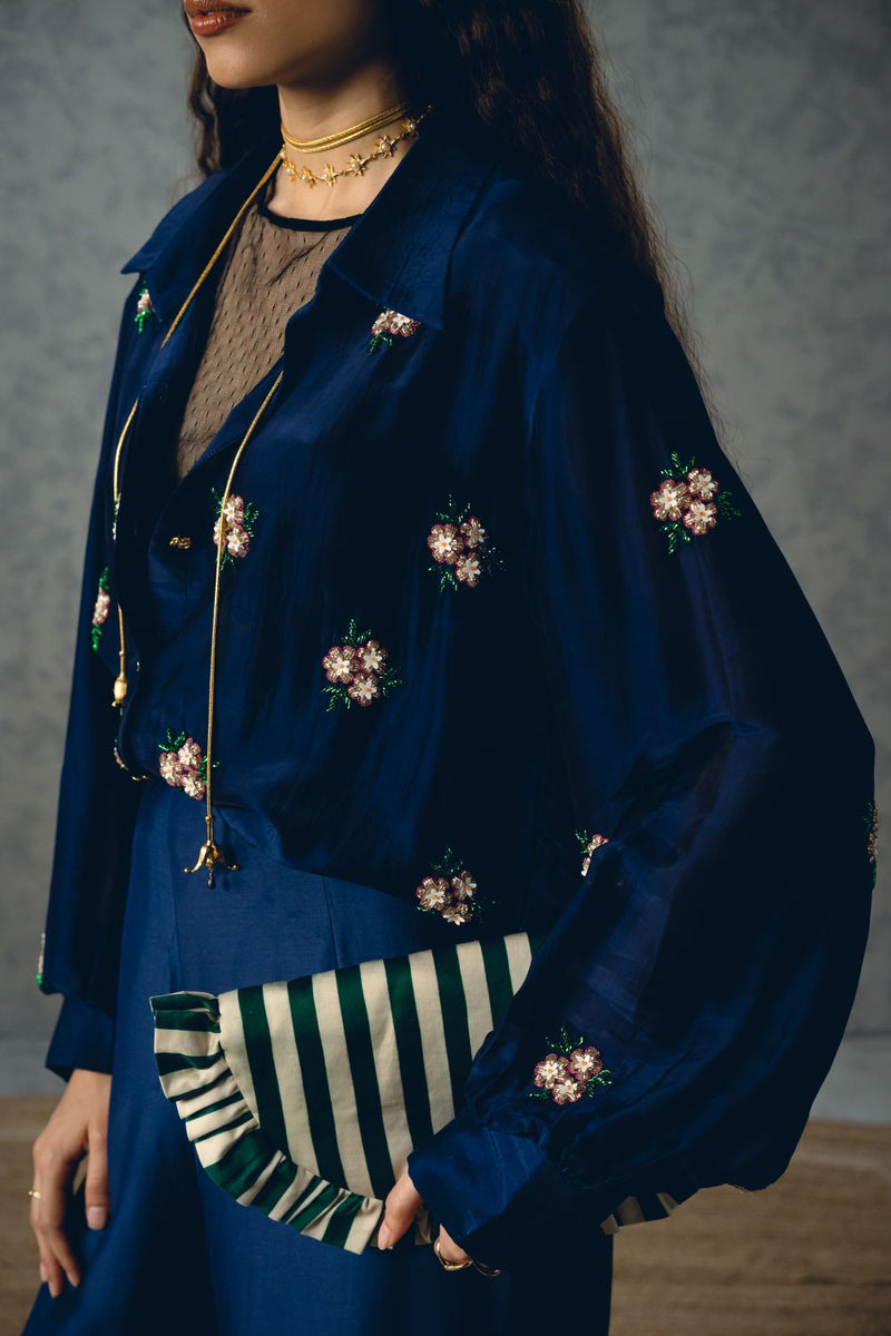 TAKSU SHIRT SET organza by Paulmi & Harsh in blue color for women in Singapore