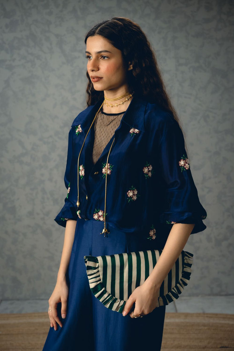TAKSU SHIRT SET organza by Paulmi & Harsh in blue color for women in Singapore