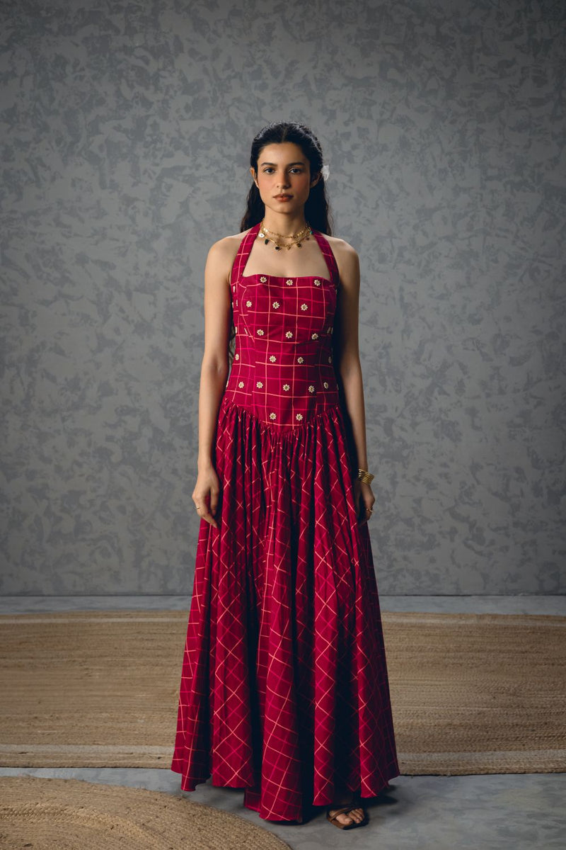 AKARI DRESS- MAROON poplin dress by Paulmi & Harsh in maroon for women Singapore