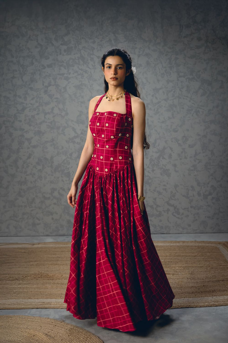 AKARI DRESS- MAROON poplin dress by Paulmi & Harsh in maroon for women Singapore