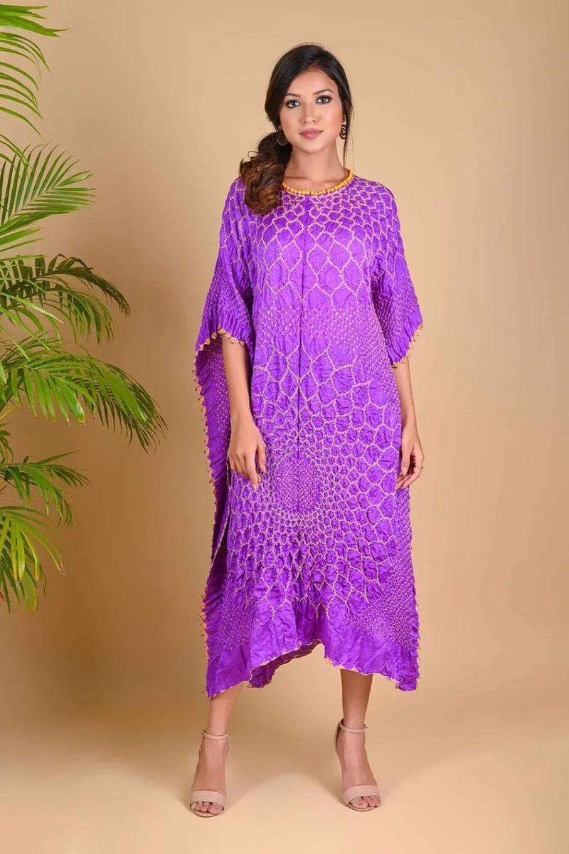 THREE FLOWERS KAFTAN-LAVENDER silk by Dyelogue for women in Singapore