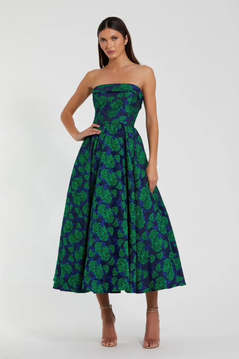 Blue and Green Brocade Strapless A Line Midi Dress brocade by Mac Duggal in multi color for women in Singapore