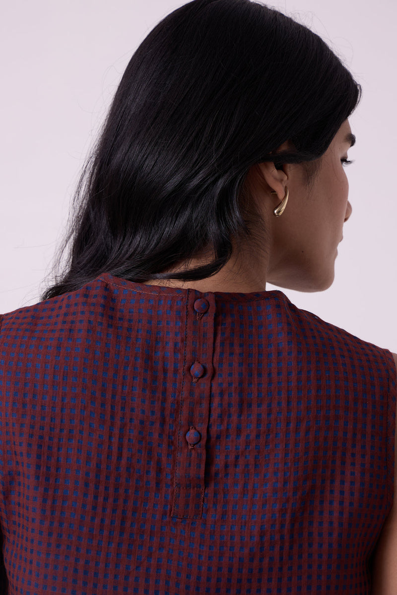 Ori Blue Checkered Handwoven Top handwoven silk cotton top/shirt by The Summer House in blue for women in Singapore