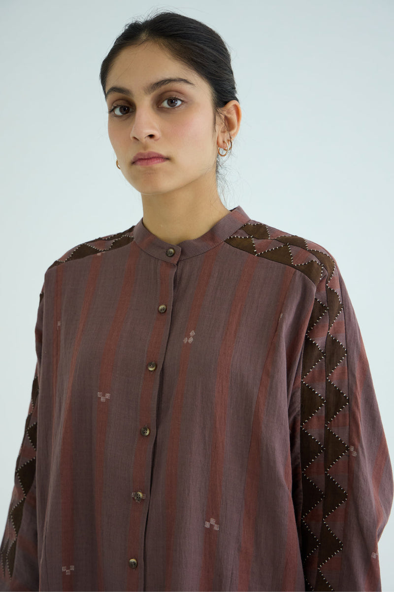 Amer Brown Handwoven Embroidered Top handwoven jamdhani cotton top/shirt by The Summer House in brown for women in Singapore