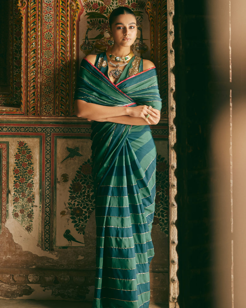 Khel Teal Green Stripe Saree With Waistcoat Blouse by Rajiramniq in green color for women in Singapore
