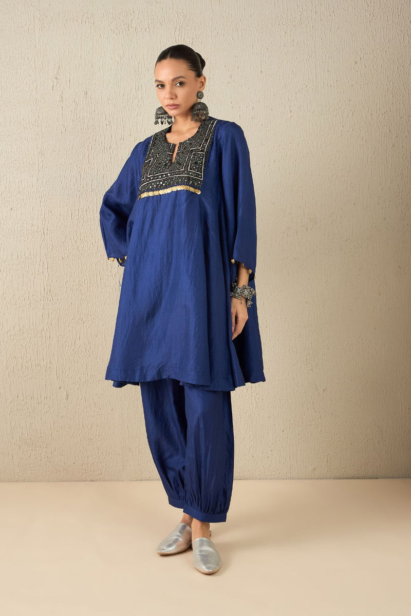 AFGHANI SILK SET - Navy Blue silk by Aavidi in yellow color for women in Singapore