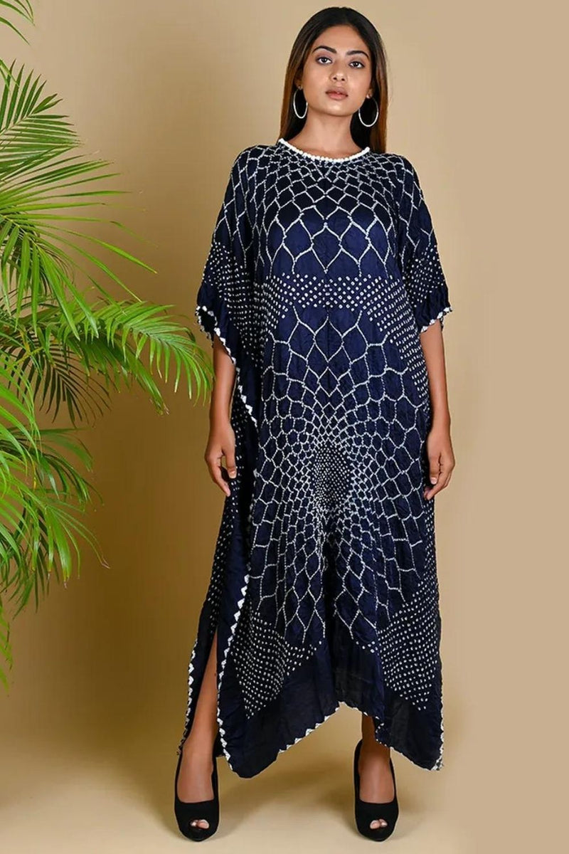 THREE FLOWERS KAFTAN-INDIGO BLUE silk by Dyelogue in blue color for women in Singapore