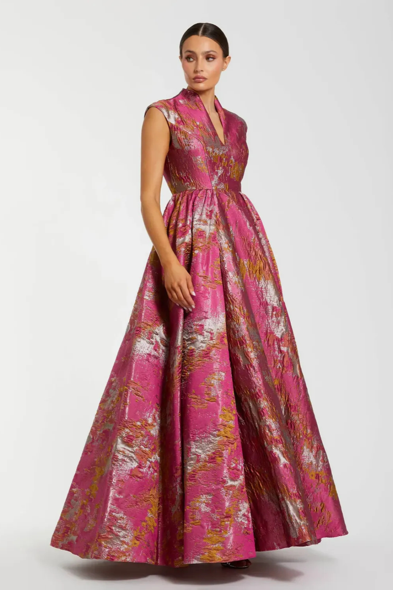 Pink Metallic Jacquard Ball Gown with Mandarin Collar brocade by Mac Duggal in multi color for women in Singapore
