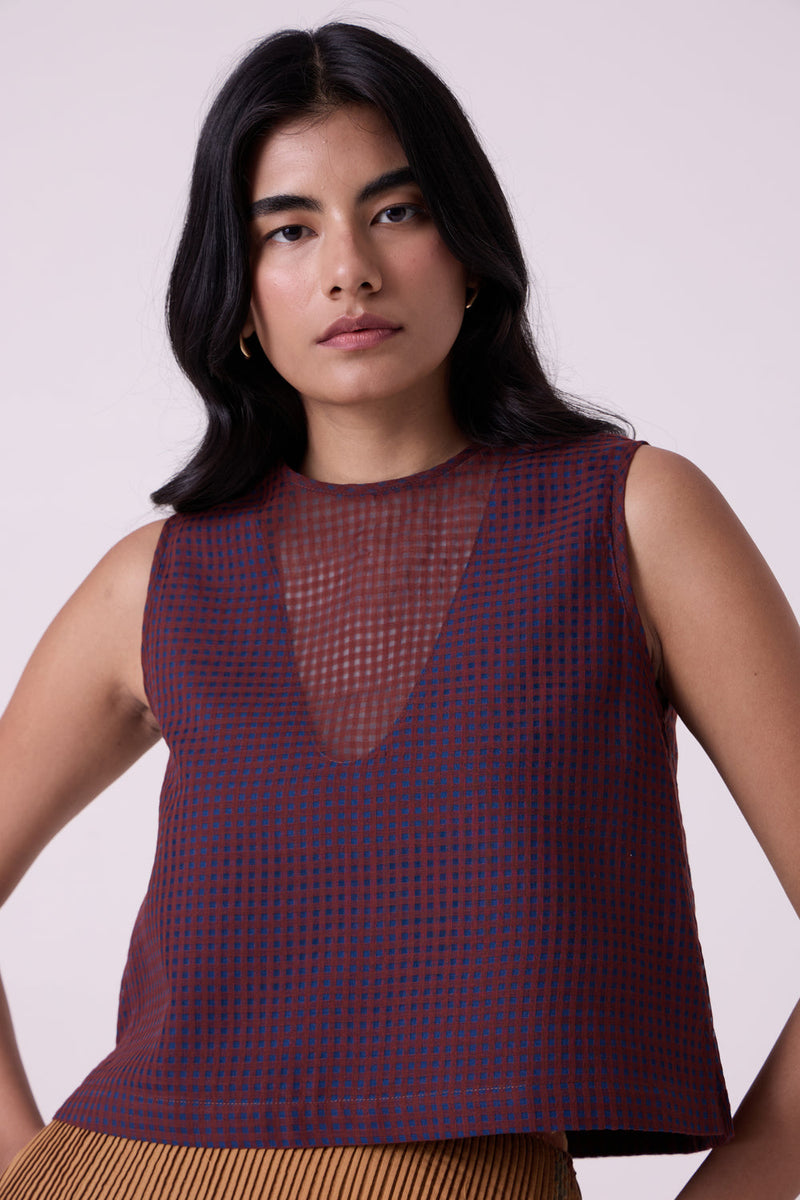 Ori Blue Checkered Handwoven Top handwoven silk cotton top/shirt by The Summer House in blue for women in Singapore