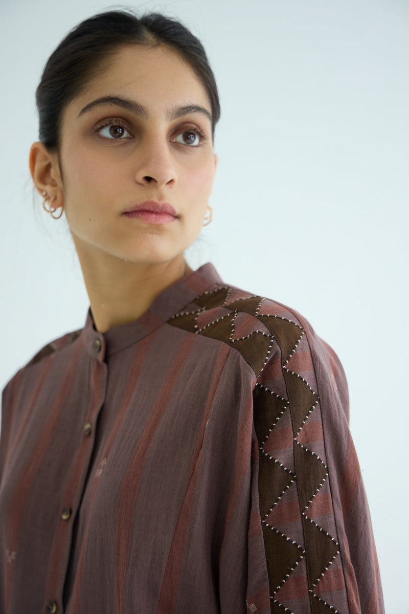 Amer Brown Handwoven Embroidered Top handwoven jamdhani cotton top/shirt by The Summer House in brown for women in Singapore