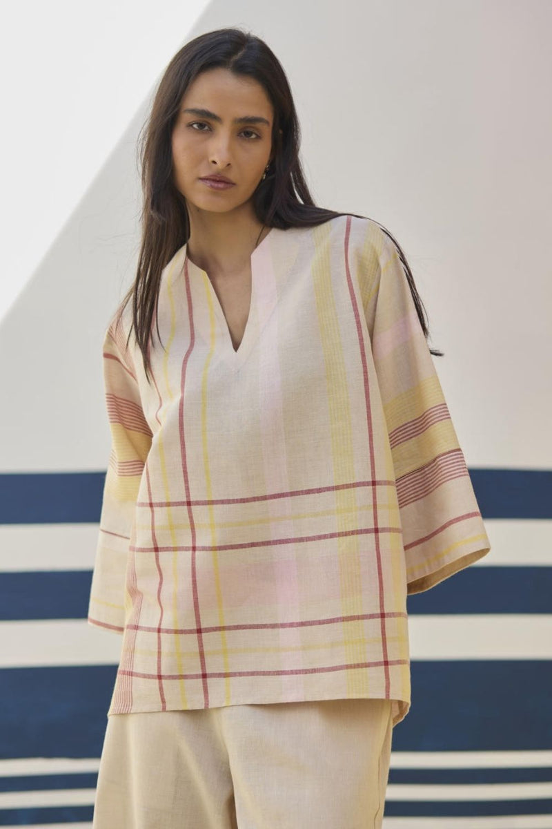 Kira Check Linen Top - Sand linen by Manan in natural color for women in Singapore