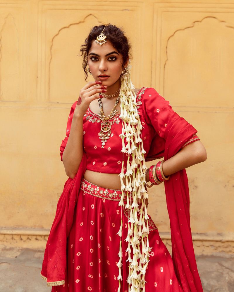 Red & White Bandhej Print Lehenga Set satin Buy Red & White Bandhej Print Lehenga Set from C&W | Lehenga Sets for Women by Maison Shefali in multi color for women in Singapore