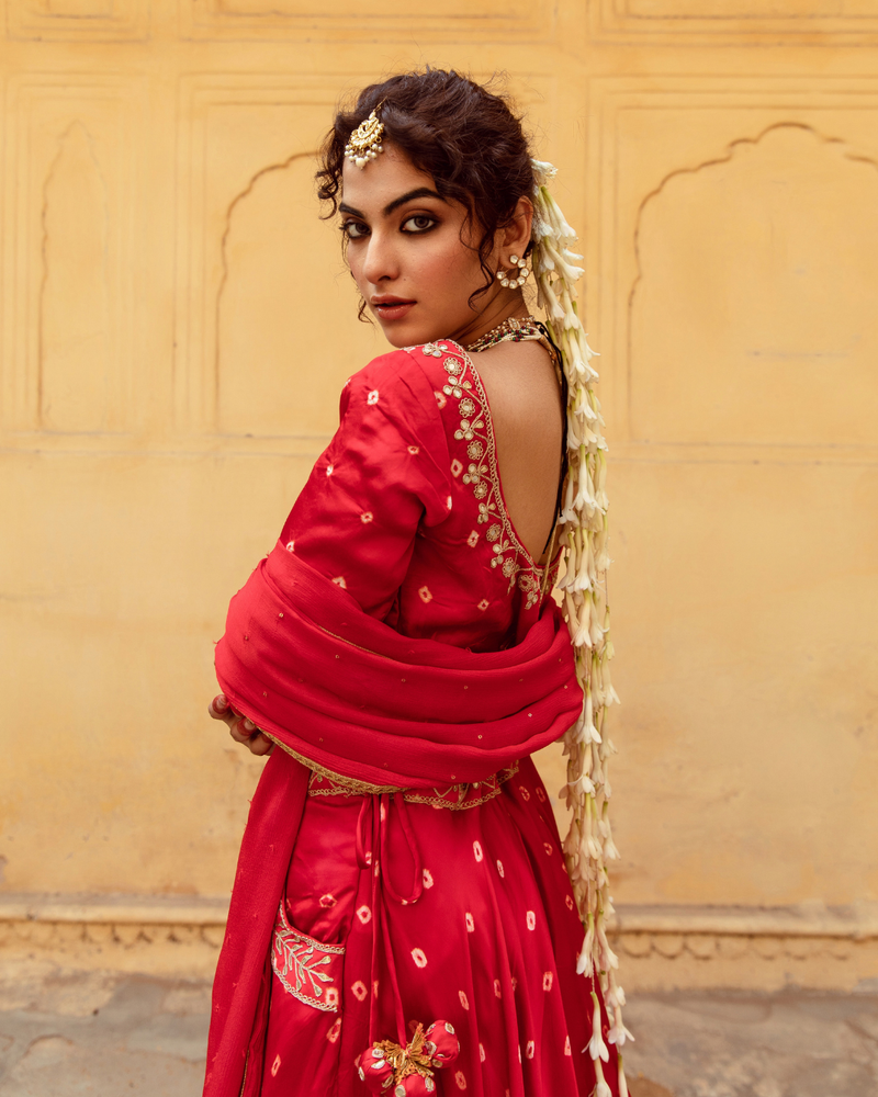 Red & White Bandhej Print Lehenga Set satin Buy Red & White Bandhej Print Lehenga Set from C&W | Lehenga Sets for Women by Maison Shefali in multi color for women in Singapore