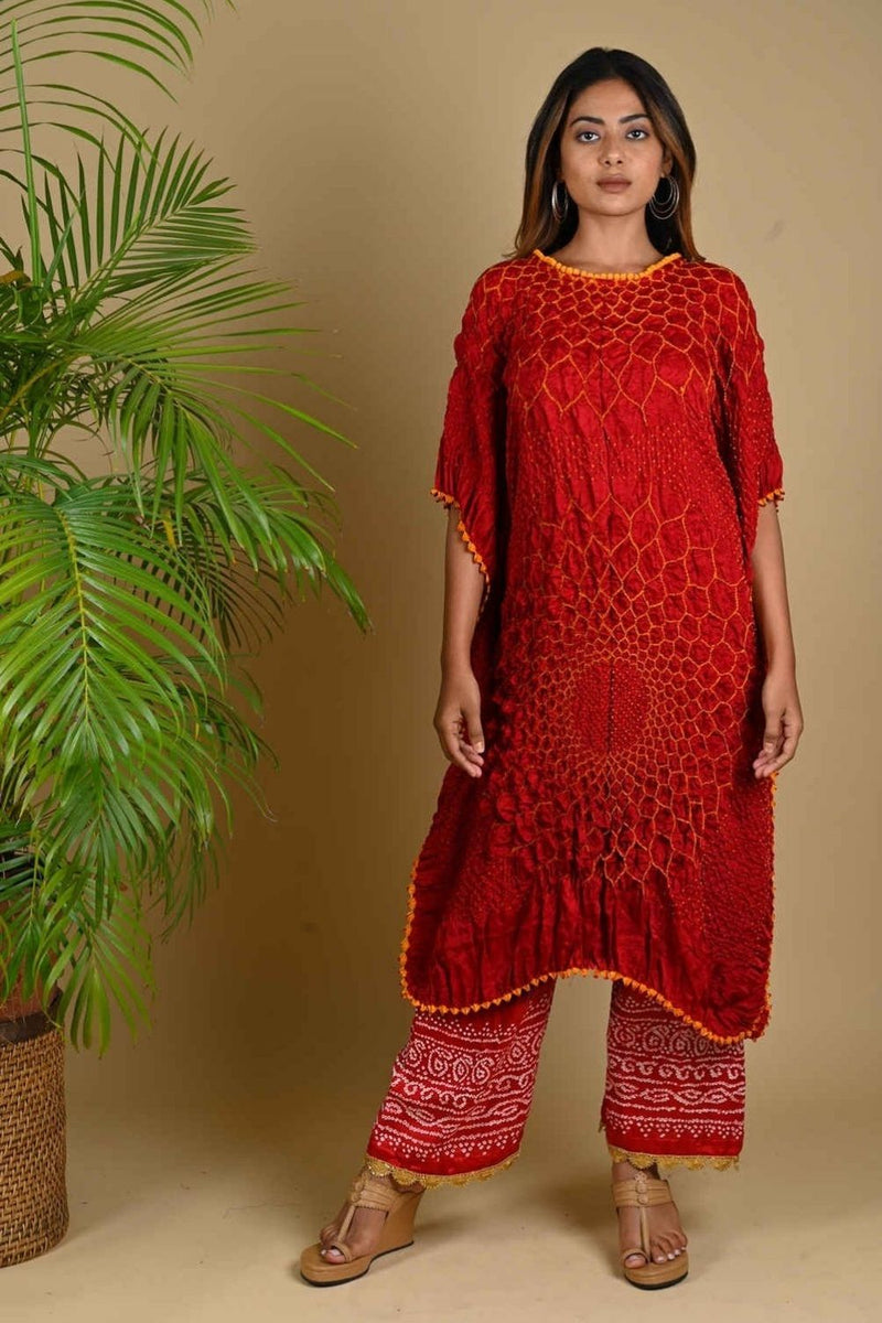 THREE FLOWERS KAFTAN-RED silk by Dyelogue in red color for women in Singapore