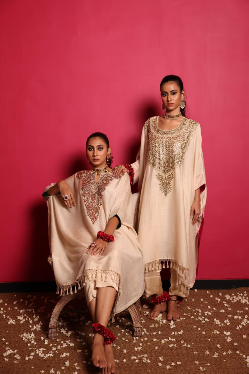 Beige Mogha Silk Gota & Baadla Hand Embroidered Kurta Set