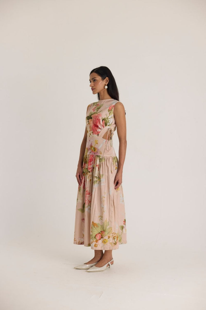 HAZEL SIDE CUT OUT DRESS satin by Yam in pink color for women in Singapore
