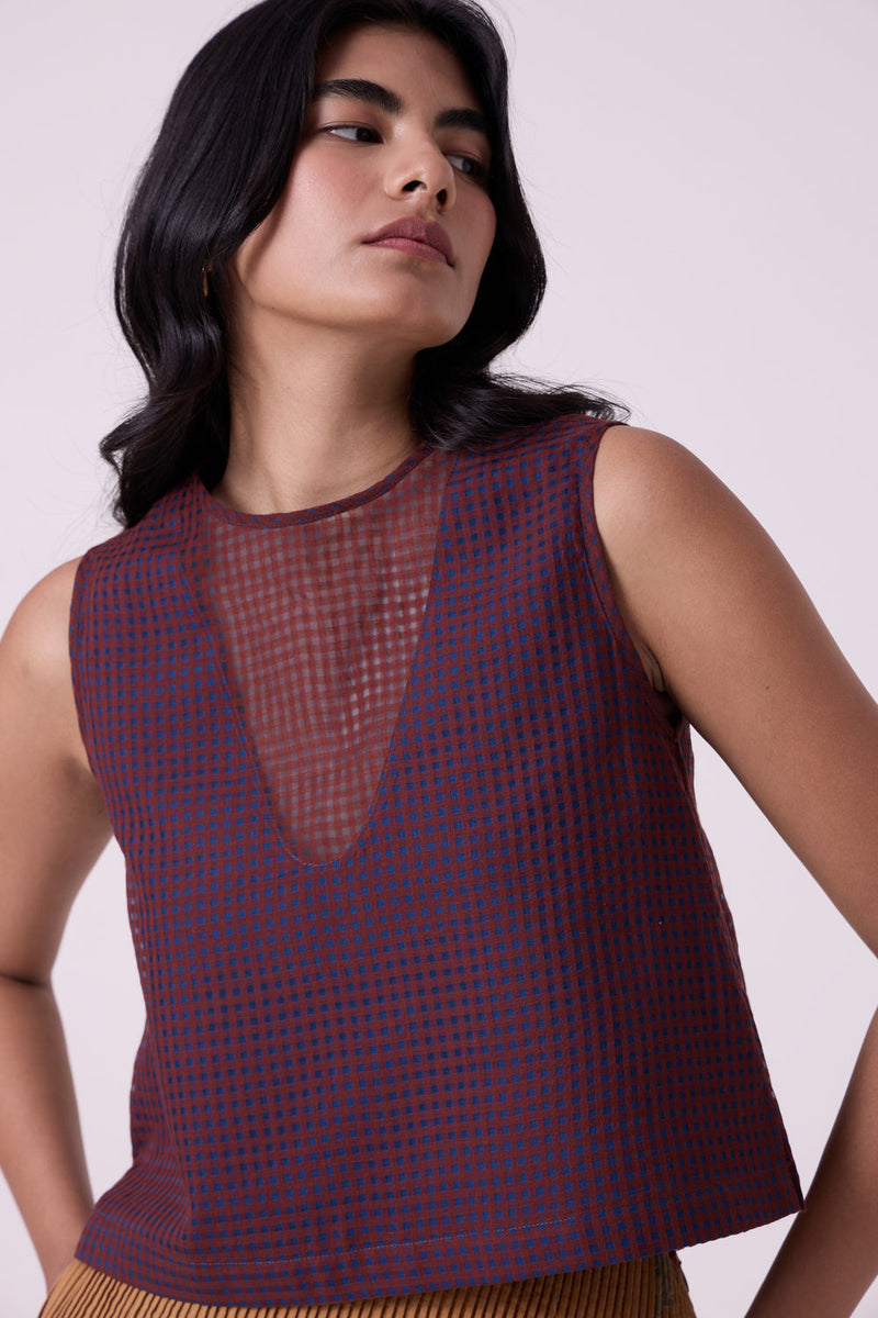 Ori Blue Checkered Handwoven Top handwoven silk cotton top/shirt by The Summer House in blue for women in Singapore