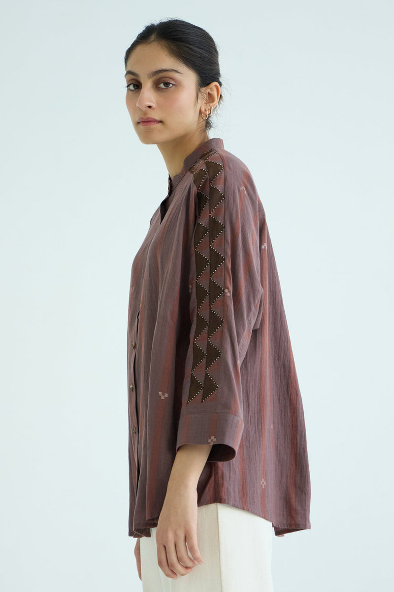 Amer Brown Handwoven Embroidered Top handwoven jamdhani cotton top/shirt by The Summer House in brown for women in Singapore