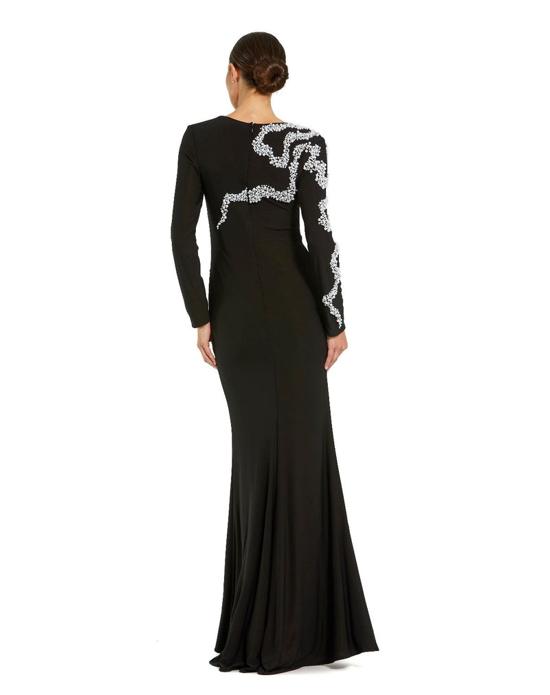 44086 - Black Jersey Evening Gown with Beaded Swirl Detail by Mac Duggal in black color for women in Singapore
