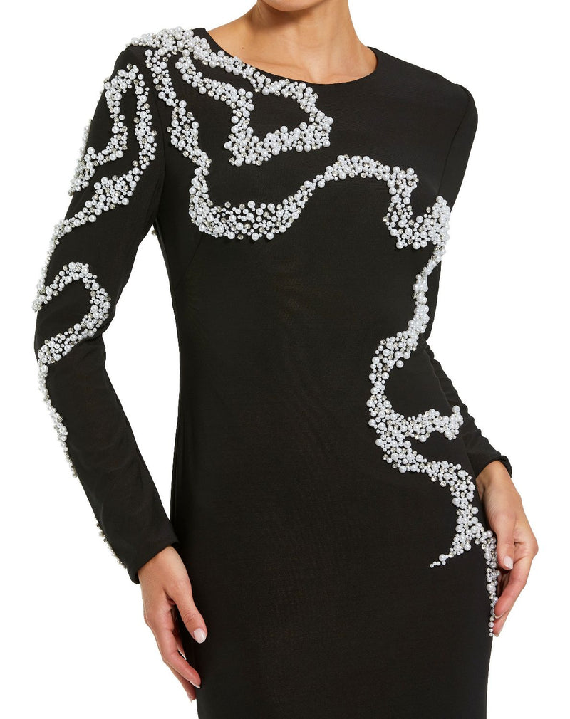44086 - Black Jersey Evening Gown with Beaded Swirl Detail by Mac Duggal in black color for women in Singapore