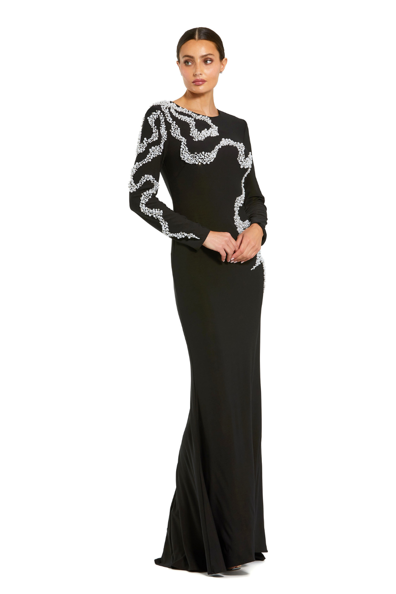 44086 - Black Jersey Evening Gown with Beaded Swirl Detail by Mac Duggal in black color for women in Singapore