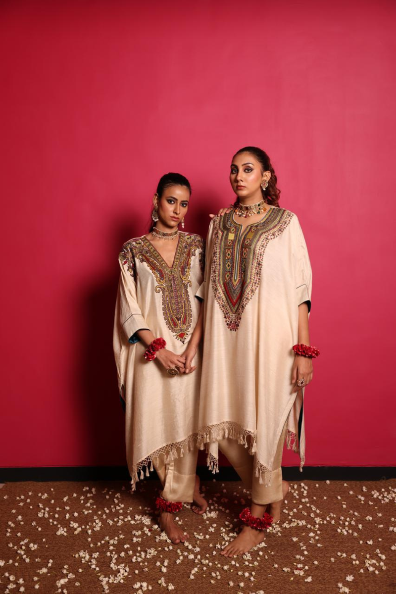 Beige Mogha Silk Thread & Zardozi Hand Embroidered Kurta Set