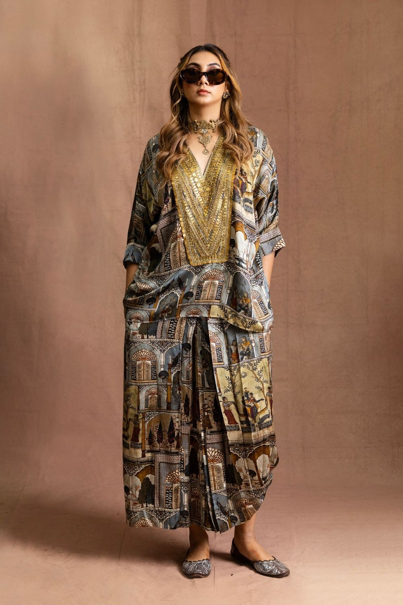 Cape Tunic & Knot Skirt-Moghul Miniature Modal Satin Silk Kurta Set Sabo by Sabina — Canvas & Weaves Singapore