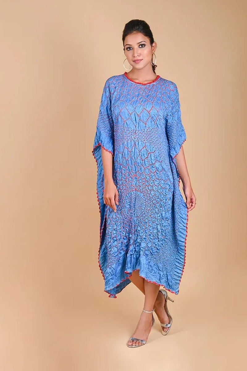 THREE FLOWERS KAFTAN-SKY BLUE silk by Dyelogue in blue color for women in Singapore