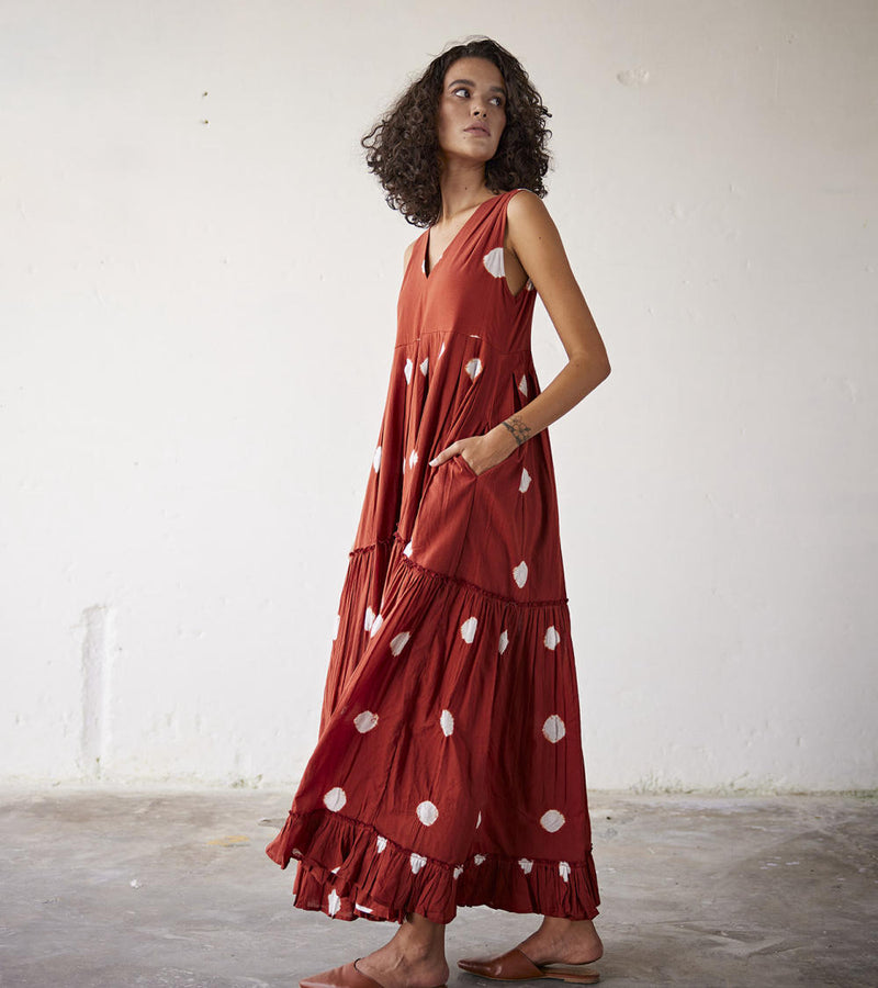 Earthen Hues Dress cotton Dresses by Khara Kapas in red for women in Singapore