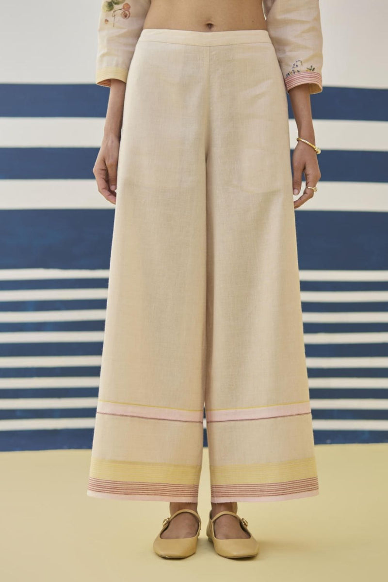 Lyla Stripe Border Pant - Sand linen by Manan in natural color for women in Singapore