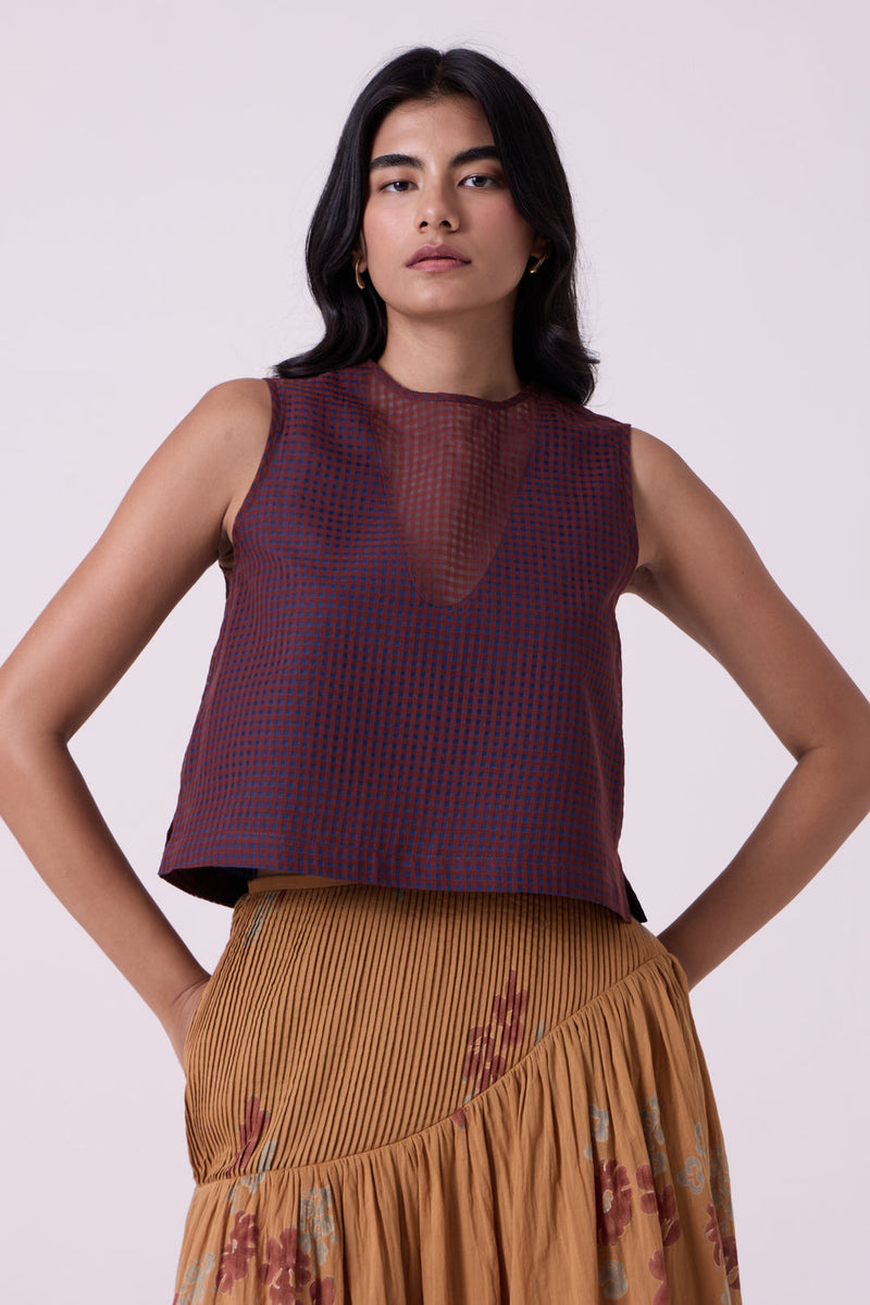 Ori Blue Checkered Handwoven Top handwoven silk cotton top/shirt by The Summer House in blue for women in Singapore