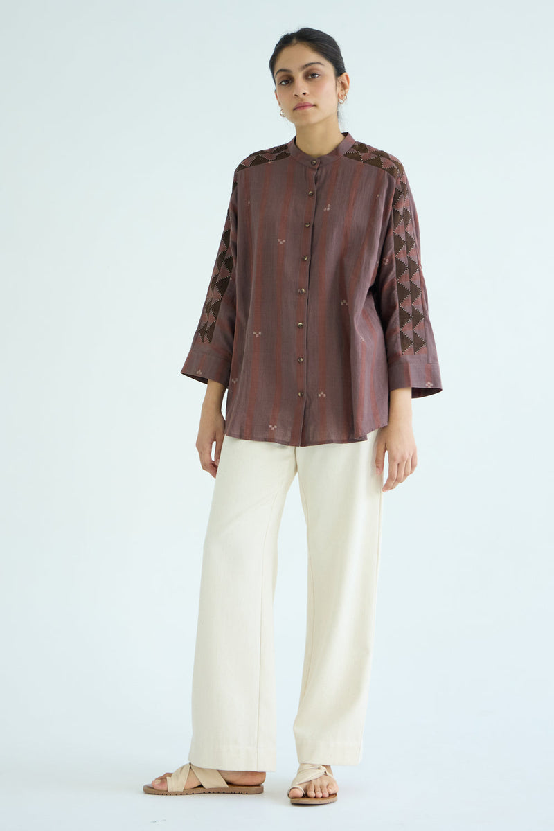 Amer Brown Handwoven Embroidered Top handwoven jamdhani cotton top/shirt by The Summer House in brown for women in Singapore