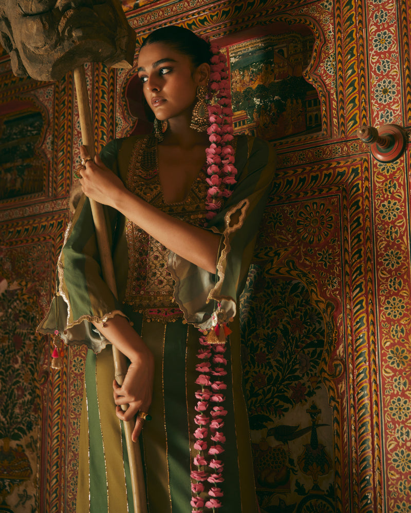 Khel Olive Green Yoke Embellished Kurta Set by Rajiramniq in green color for women in Singapore