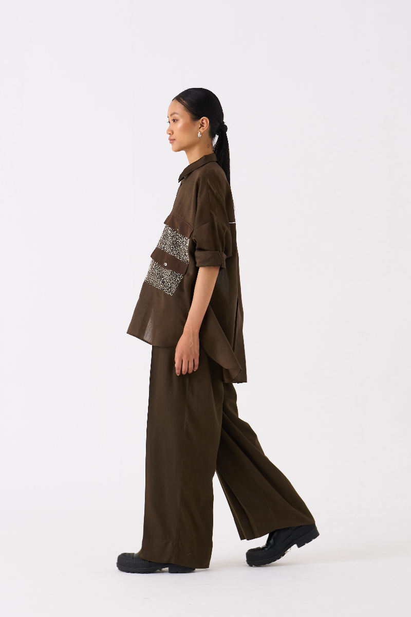 PATCH POCKET SHIRT CO-ORD
(SET OF 2)-DARK OLIVE poplin by THREE in olive color for women in Singapore