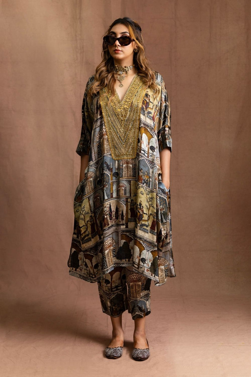 Square Tunic Set-Moghul Miniature (Charcoal Multi) Modal Satin Silk Kurta Set Sabo by Sabina — Canvas & Weaves Singapore