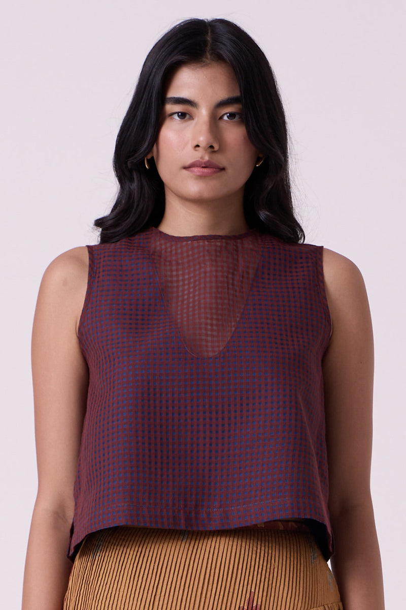 Ori Blue Checkered Handwoven Top handwoven silk cotton top/shirt by The Summer House in blue for women in Singapore