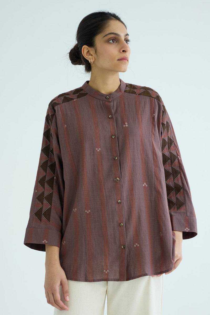 Amer Brown Handwoven Embroidered Top handwoven jamdhani cotton top/shirt by The Summer House in brown for women in Singapore