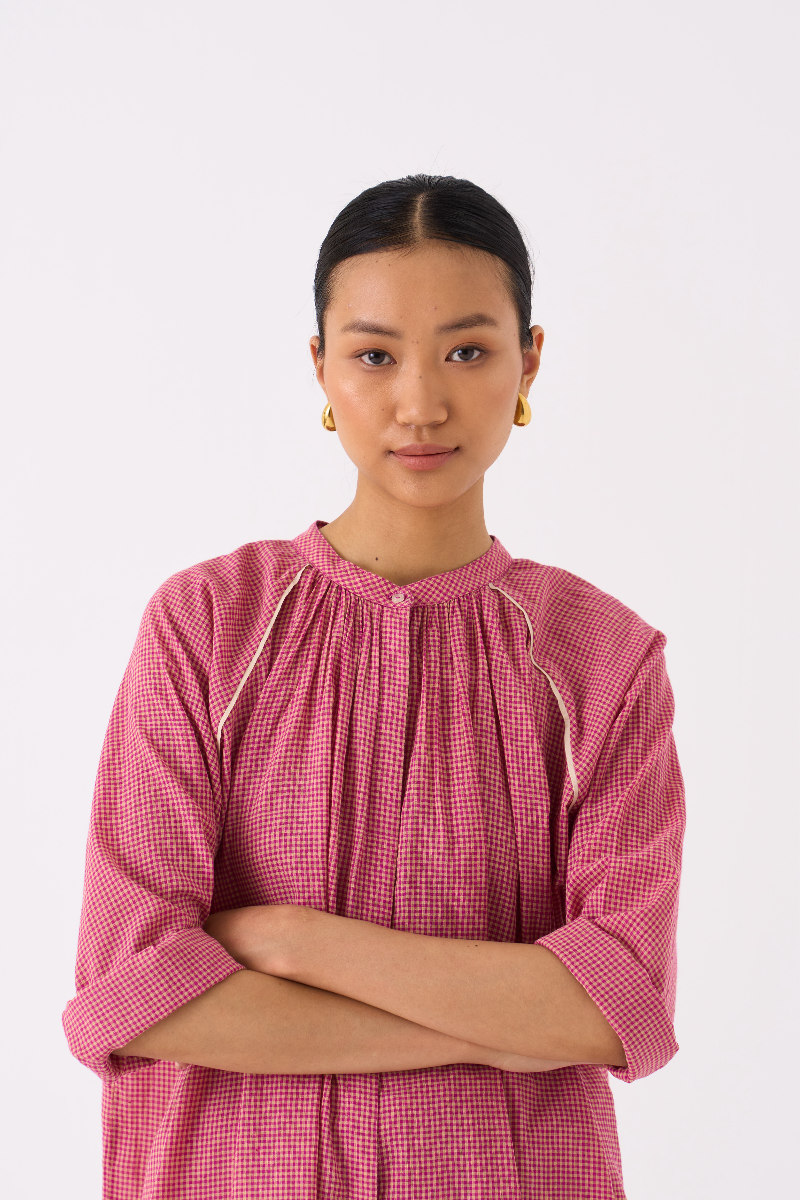 GATHER NECK SHIRT CO-ORD 
(SET OF 2)-PINK CHECK mul by THREE in pink color for women in Singapore