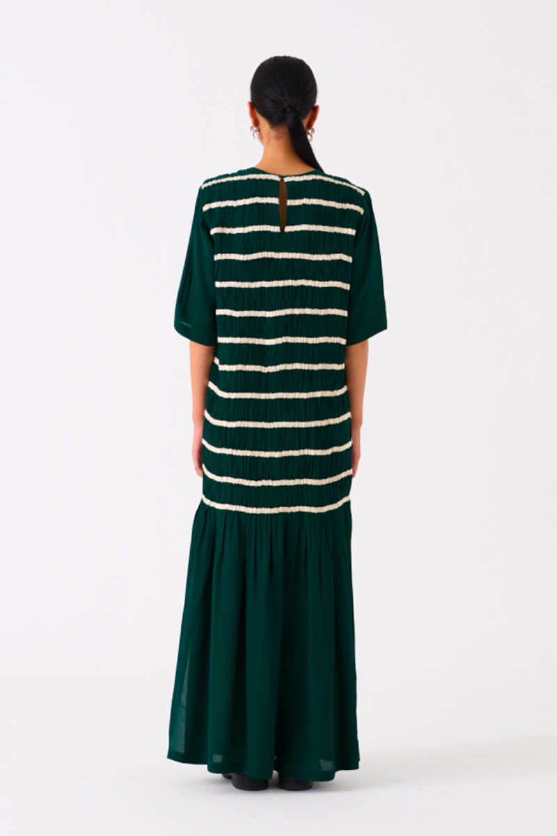 SHIRRING DRESS-GREEN by THREE in green color for women in Singapore
