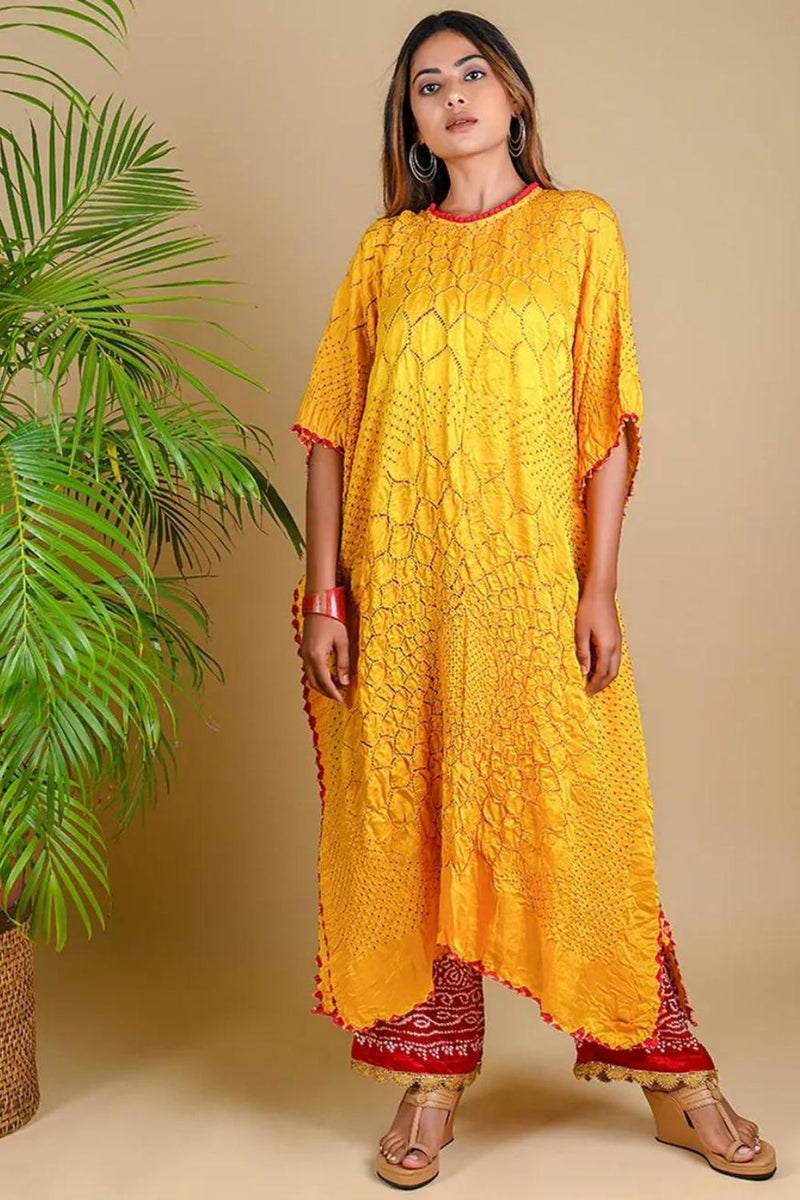 THREE FLOWERS KAFTAN-YELLOW silk by Dyelogue in yellow color for women in Singapore