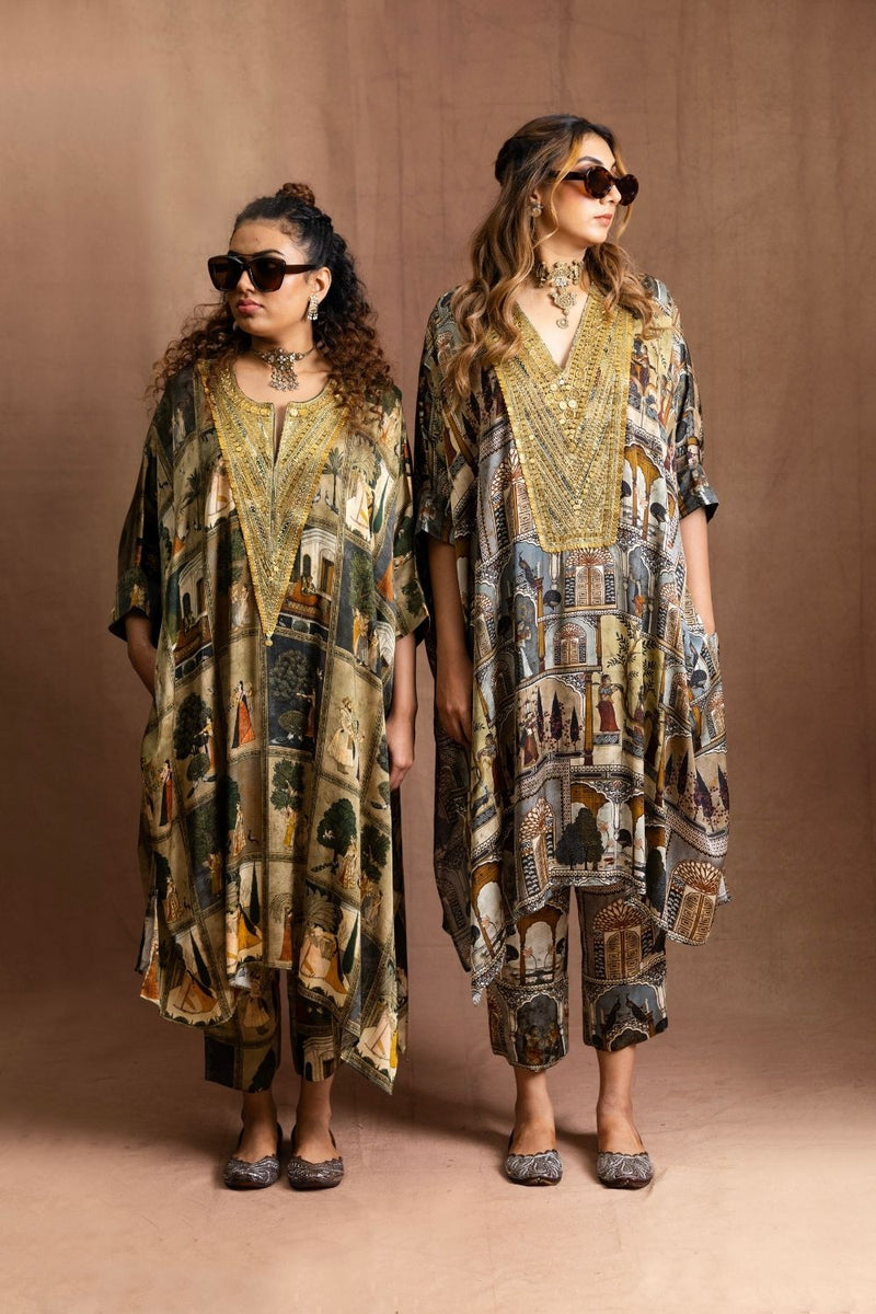 Square Tunic Set-Moghul Miniature (Charcoal Multi) Modal Satin Silk Kurta Set Sabo by Sabina — Canvas & Weaves Singapore