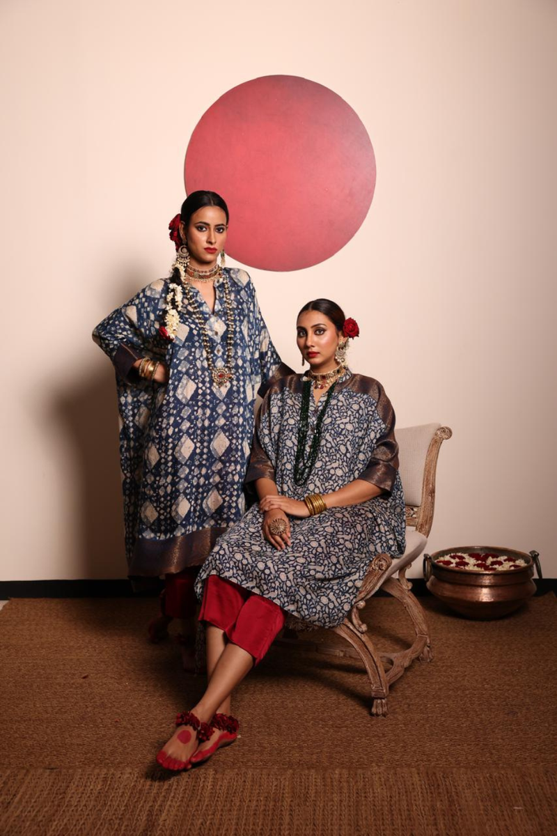 Indigo Chanderi Silk Tunic & Red Pant Set-Daaman Zari Border