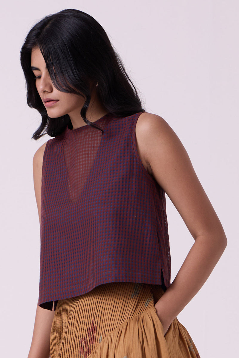Ori Blue Checkered Handwoven Top handwoven silk cotton top/shirt by The Summer House in blue for women in Singapore