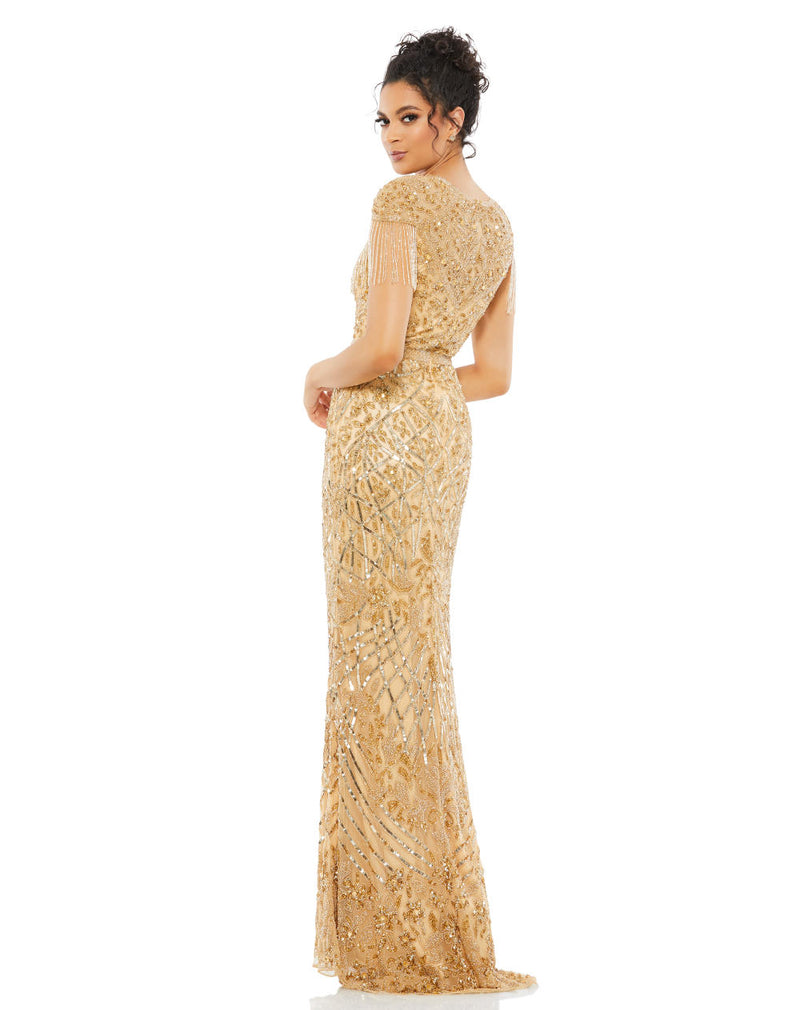 4715-Embellished Fringe Cap Sleeve Trumpet Gown by Mac Duggal in gold color for women in Singapore