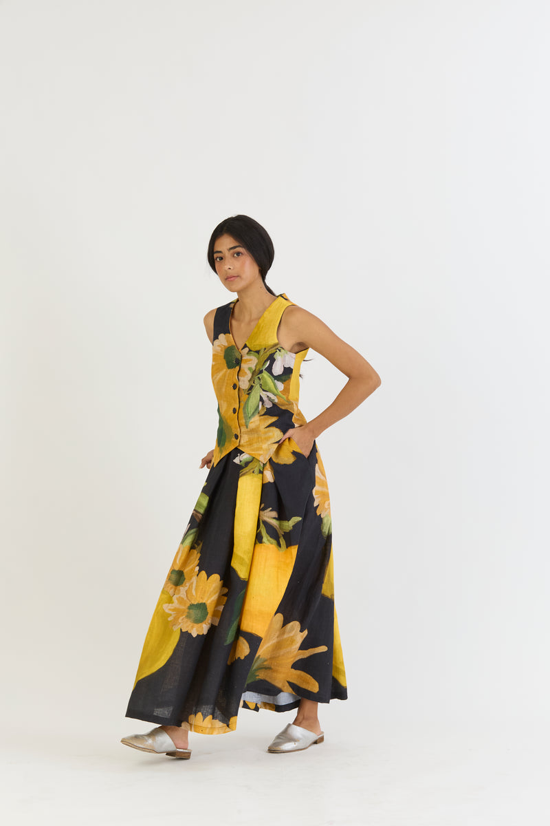POMELLO WAISTCOAT AND BOX PLEAT SKIRT SET linen by Yam in yellow color for women in Singapore