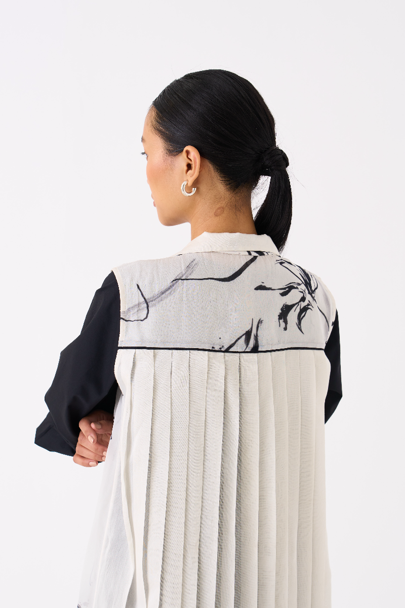 SLEEVELESS BACK PLEAT OVERLAY-BLACK FLORAL organza by THREE in black color for women in Singapore